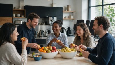 compañeros de trabajo disfrutando de un descanso con fruta
