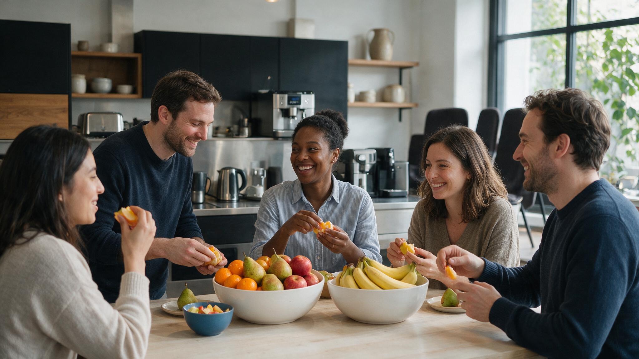 compañeros de trabajo disfrutando de un descanso con fruta